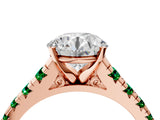 Rose gold Round Cut Diamond Cathedral Solitaire Ring with Round with Emerald side stone Pavé Band_4