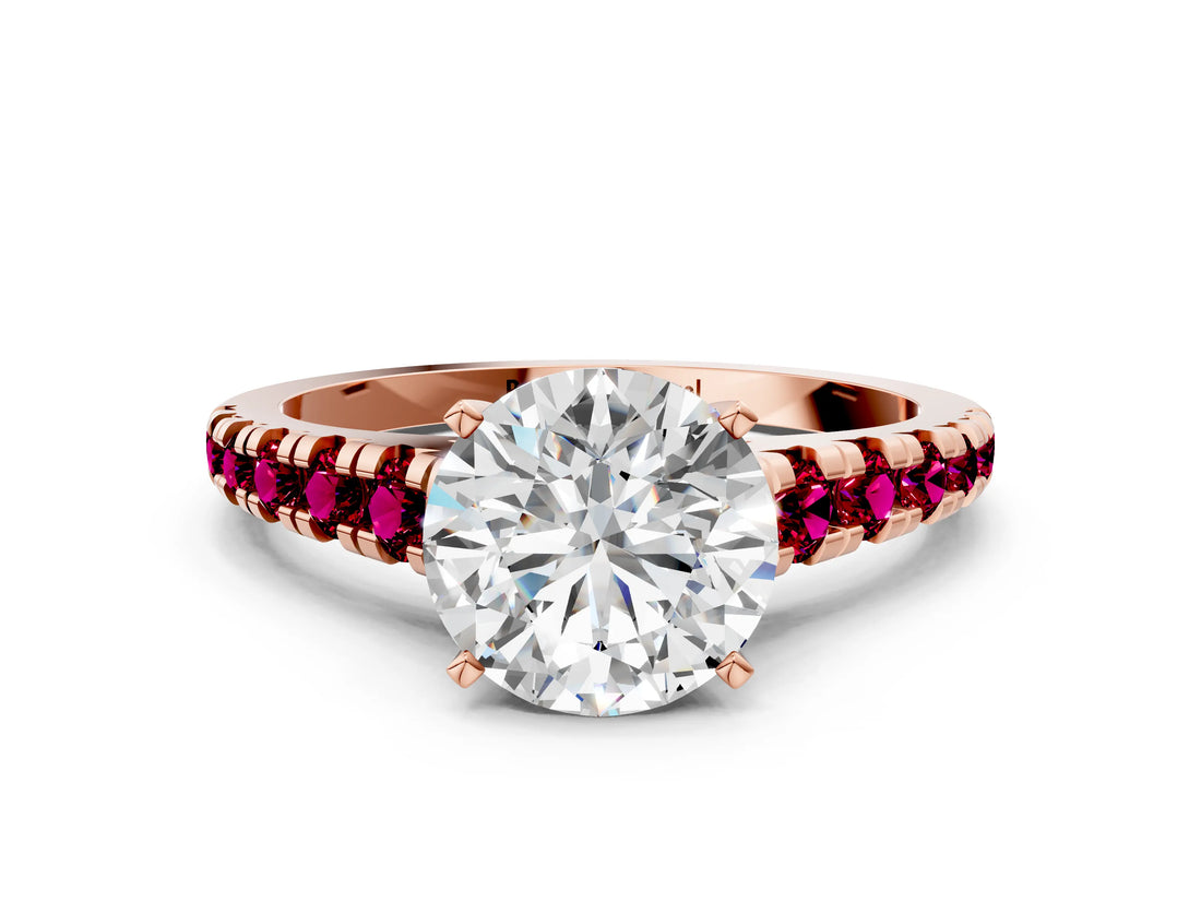 Rose gold Round Cut Diamond Cathedral Solitaire Ring with Round with Garnet side stone Pavé Band_12
