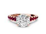 Rose gold Round Cut Diamond Cathedral Solitaire Ring with Round with Garnet side stone Pavé Band_12