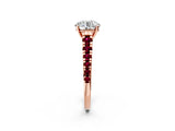 Rose gold Round Cut Diamond Cathedral Solitaire Ring with Round with Garnet side stone Pavé Band_14