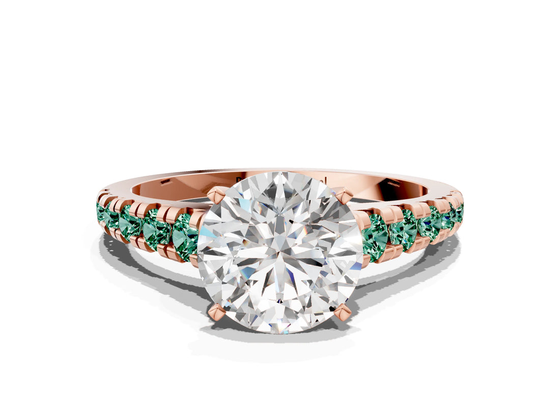 Rose gold Round Cut Diamond Cathedral Solitaire Ring with Round with Green Sapphire side stone Pavé Band_12