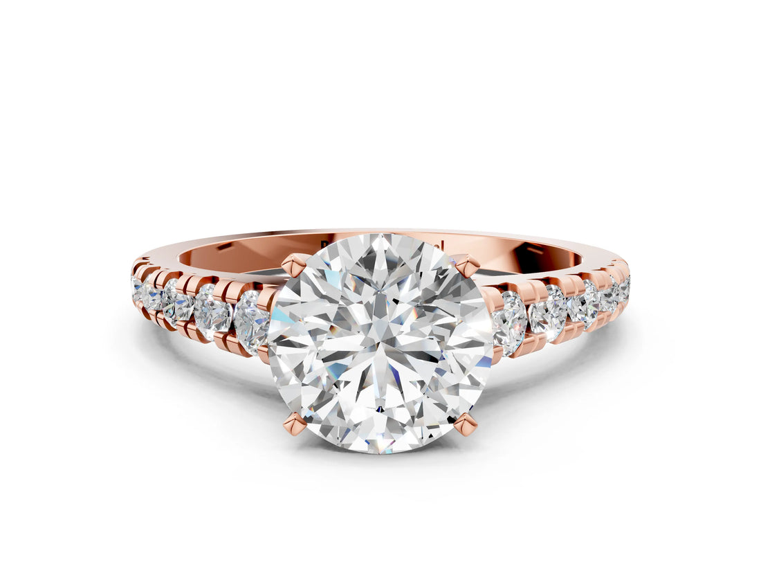 Rose gold Round Cut Diamond Cathedral Solitaire Ring with Round with Moissanite side stone Pavé Band_24