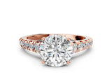 Rose gold Round Cut Diamond Cathedral Solitaire Ring with Round with Moissanite side stone Pavé Band_24