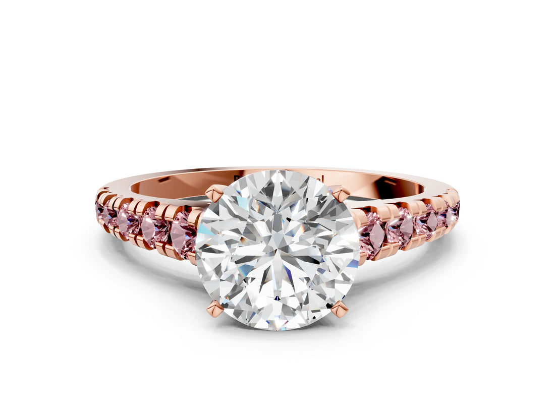 Rose gold Round Cut Diamond Cathedral Solitaire Ring with Round with Morganite side stone Pavé Band_12