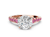 Rose gold Round Cut Diamond Cathedral Solitaire Ring with Round with Pink Sapphire side stone Pavé Band_12