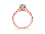Rose gold Round Cut Diamond Cathedral Solitaire Ring with Round with Pink Sapphire side stone Pavé Band_15