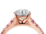Rose gold Round Cut Diamond Cathedral Solitaire Ring with Round with Pink Sapphire side stone Pavé Band_16