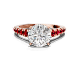 Rose gold Round Cut Diamond Cathedral Solitaire Ring with Round with Ruby side stone Pavé Band_36