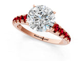 Rose gold Round Cut Diamond Cathedral Solitaire Ring with Round with Ruby side stone Pavé Band_37