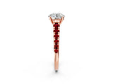 Rose gold Round Cut Diamond Cathedral Solitaire Ring with Round with Ruby side stone Pavé Band_38
