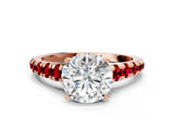 Rose gold Round Cut Diamond Cathedral Solitaire Ring with Round with Ruby side stone Pavé Band_44