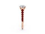 Rose gold Round Cut Diamond Cathedral Solitaire Ring with Round with Ruby side stone Pavé Band_46