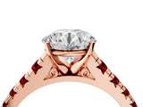 Rose gold Round Cut Diamond Cathedral Solitaire Ring with Round with Ruby side stone Pavé Band_48