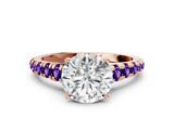 Rose gold Round Cut Diamond Cathedral Solitaire Ring with Round with Tanzanite side stone Pavé Band
