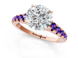 Rose gold Round Cut Diamond Cathedral Solitaire Ring with Round with Tanzanite side stone Pavé Band_1