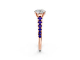 Rose gold Round Cut Diamond Cathedral Solitaire Ring with Round with Tanzanite side stone Pavé Band_2