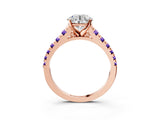 Rose gold Round Cut Diamond Cathedral Solitaire Ring with Round with Tanzanite side stone Pavé Band_3