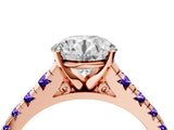 Rose gold Round Cut Diamond Cathedral Solitaire Ring with Round with Tanzanite side stone Pavé Band_4