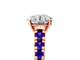 Rose gold Round Cut Diamond Cathedral Solitaire Ring with Round with Tanzanite side stone Pavé Band_5