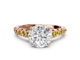 Rose gold Round Cut Diamond Cathedral Solitaire Ring with Round with Yellow Sapphire side stone Pavé Band_36
