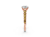 Rose gold Round Cut Diamond Cathedral Solitaire Ring with Round with Yellow Sapphire side stone Pavé Band_38
