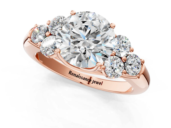 Rose Gold Round Cluster Engagement Ring Setting with Round Side Stone Trios and Plain Band