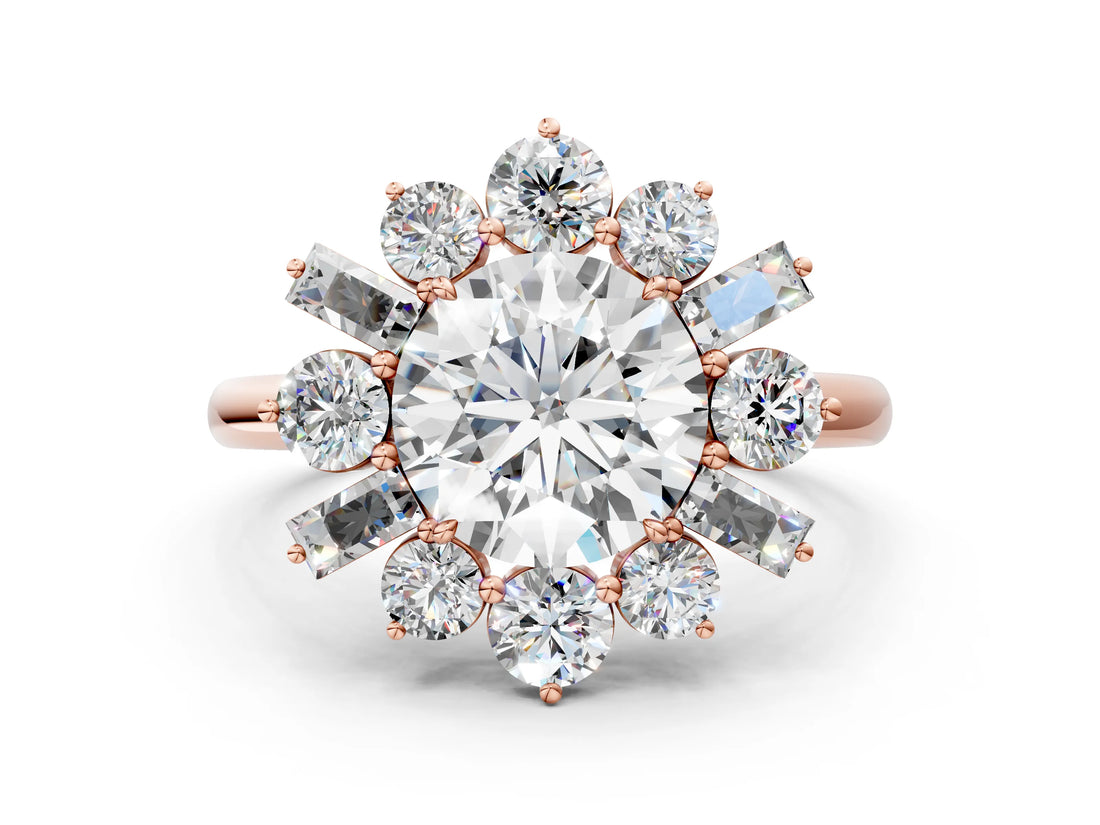 Rose gold Round Cut Diamond Cluster Ring with Round and Baguette Stones, Split Shank Band, Prong Setting_3