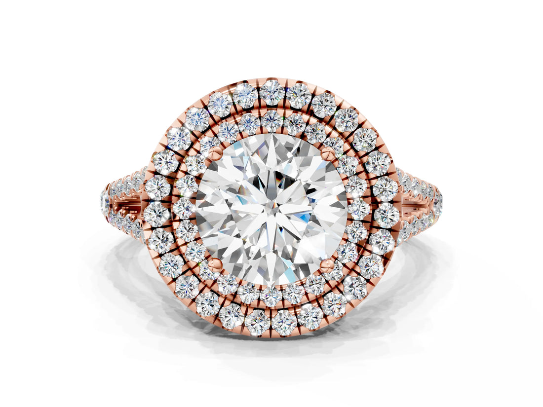Rose gold Round Cut Diamond Double Halo Ring with Pavé Band and Prong Setting_79