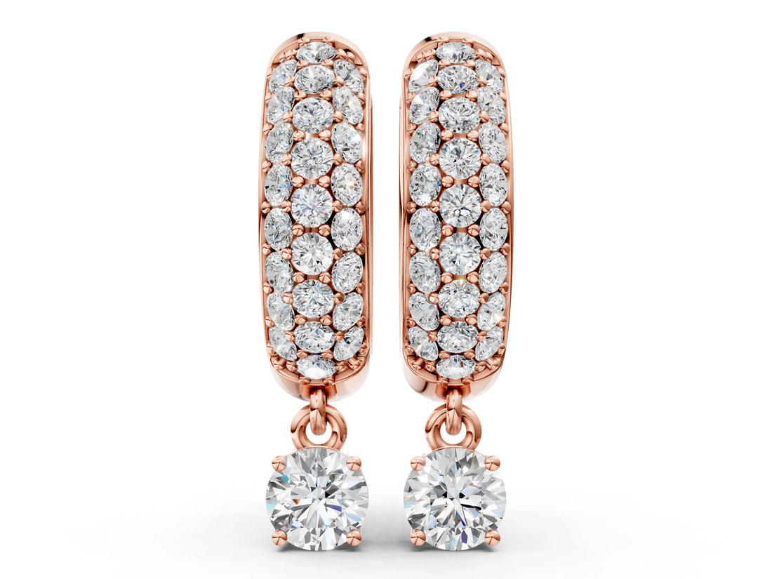 Rose gold Round Cut Diamond Drop Huggie Hoop Earrings with Pavé Detailing_4