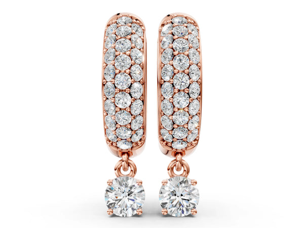 Rose gold Round Cut Diamond Drop Huggie Hoop Earrings with Pavé Detailing