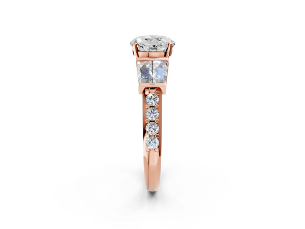Rose Gold Round Engagement Ring Setting with Channel Set Baguettes and Accented Band