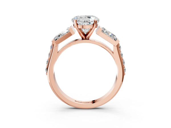 Rose Gold Round Engagement Ring Setting with Channel Set Baguettes and Accented Band