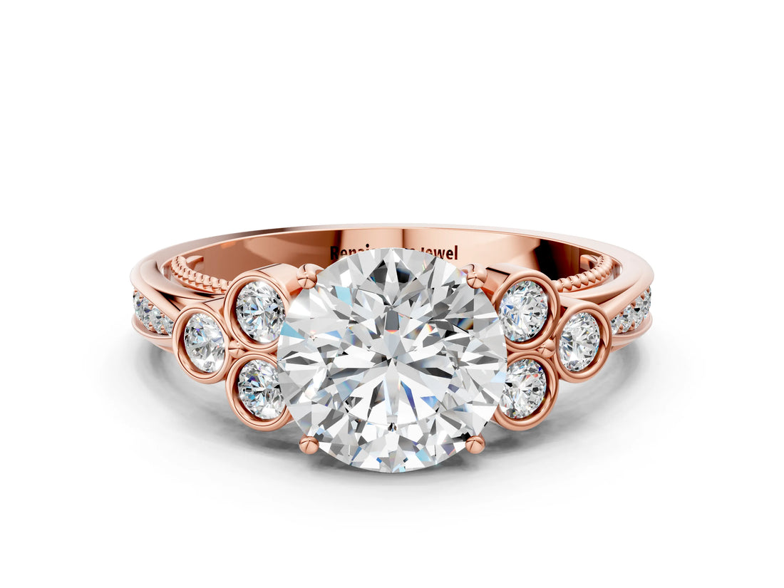 Rose gold Round Cut Diamond Engagement Ring with Bezel Set Round Side Stones and Prong Setting_62