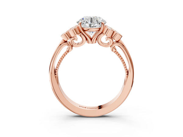 Rose Gold Round Vintage Engagement Ring Setting with Bezel-Set Shoulder Clusters and Milgrain