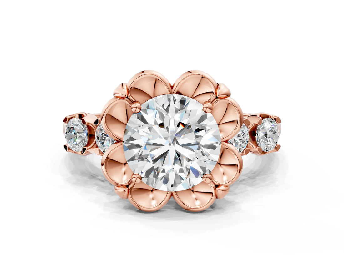 Rose gold Round Cut Diamond Floral Halo Engagement Ring with Shared Prong Setting 1
