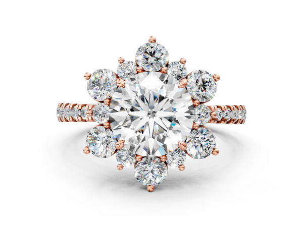 Rose Gold Round Star Floral Halo Engagement Ring Setting with Pave Accents