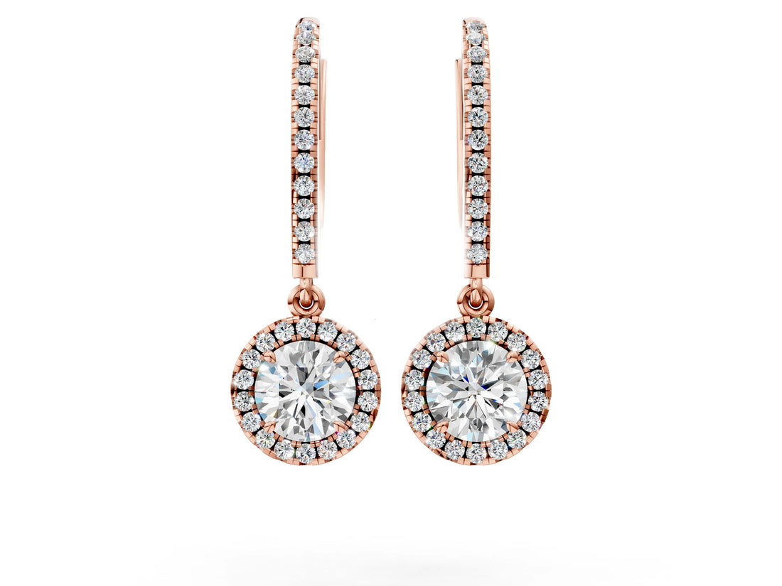 Rose gold Round Cut Diamond Halo Drop Earrings with Pavé Hoop