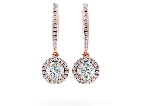 Rose gold Round Cut Diamond Halo Drop Earrings with Pavé Hoop