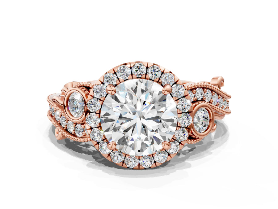 Rose gold Round Cut Diamond Halo Ring with Milgrain Pavé Band and Four-Prong Setting