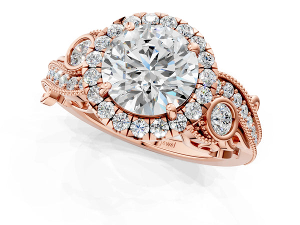 Rose gold Round Cut Diamond Halo Ring with Milgrain Pavé Band and Four-Prong Setting