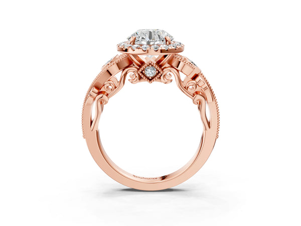 Rose gold Round Cut Diamond Halo Ring with Milgrain Pavé Band and Four-Prong Setting