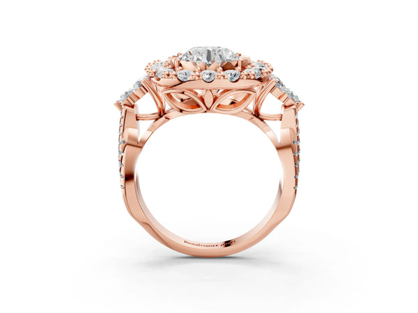 Rose Gold Round Halo Crossover Pave Engagement Ring Setting