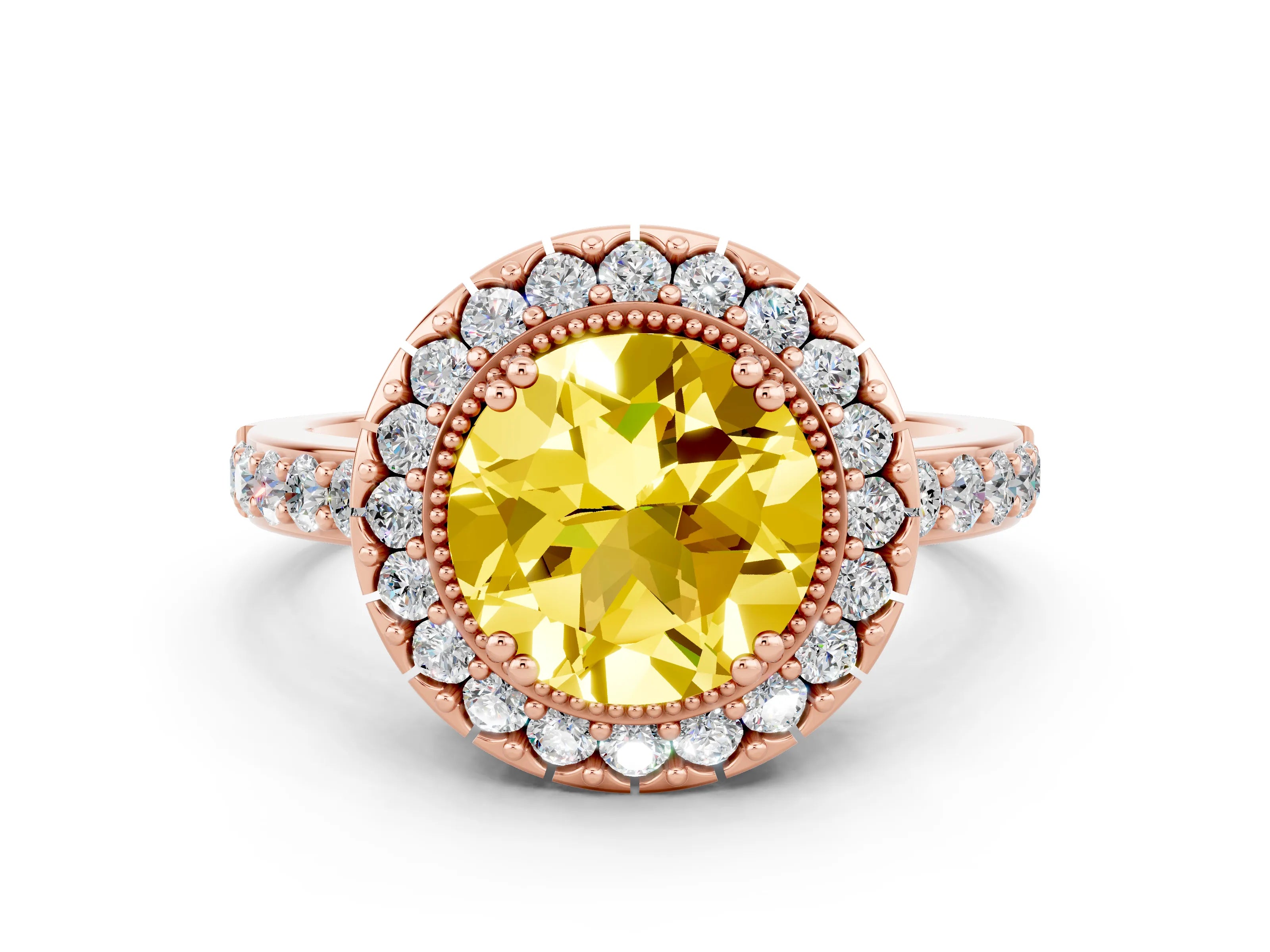 Rose gold Round Cut Diamond Halo Ring with Pavé Band and Prong Setting