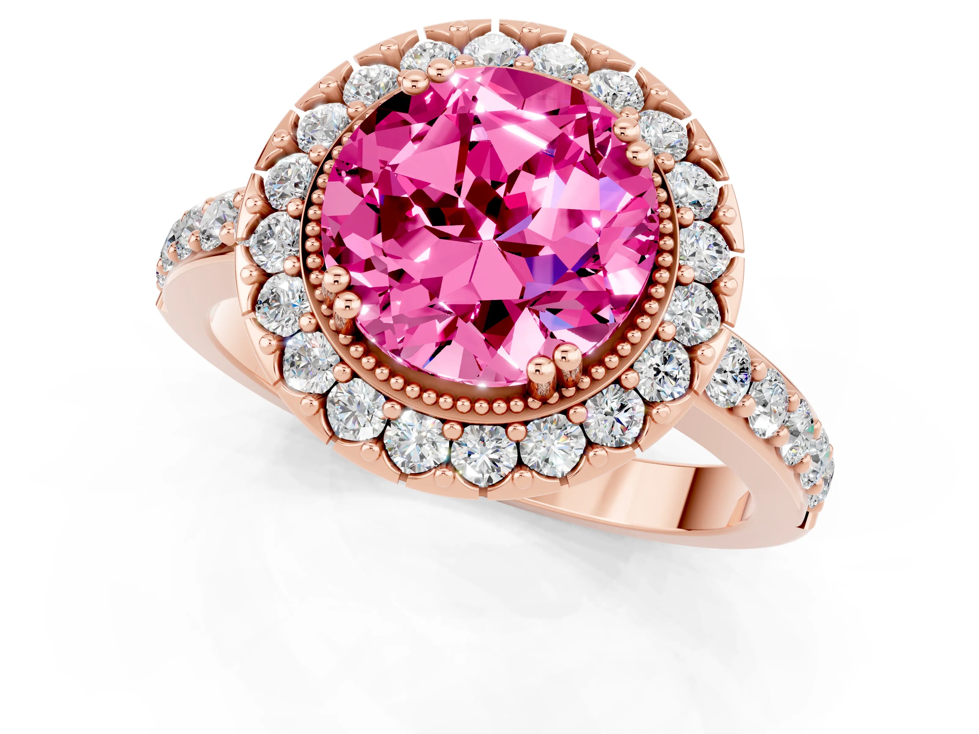 Rose gold Round Cut Diamond Halo Ring with Pavé Band and Prong Setting_1