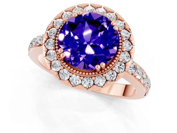 Rose gold Round Cut Tanzanite Halo Ring with Pavé Band and Prong Setting