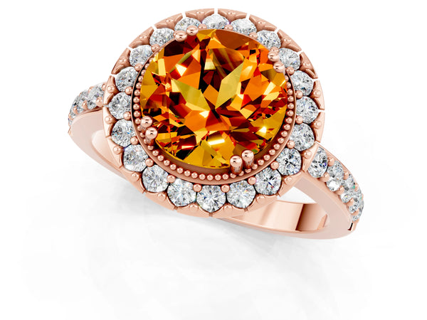 Rose gold Round Cut Citrine Halo Ring with Pavé Band and Prong Setting