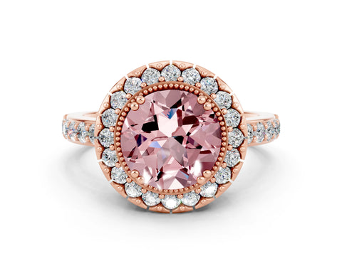Rose gold Round Cut Diamond Halo Ring with Pavé Band and Prong Setting