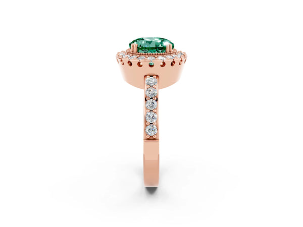 Rose gold Round Cut Green Sapphire Halo Ring with Pavé Band and Prong Setting