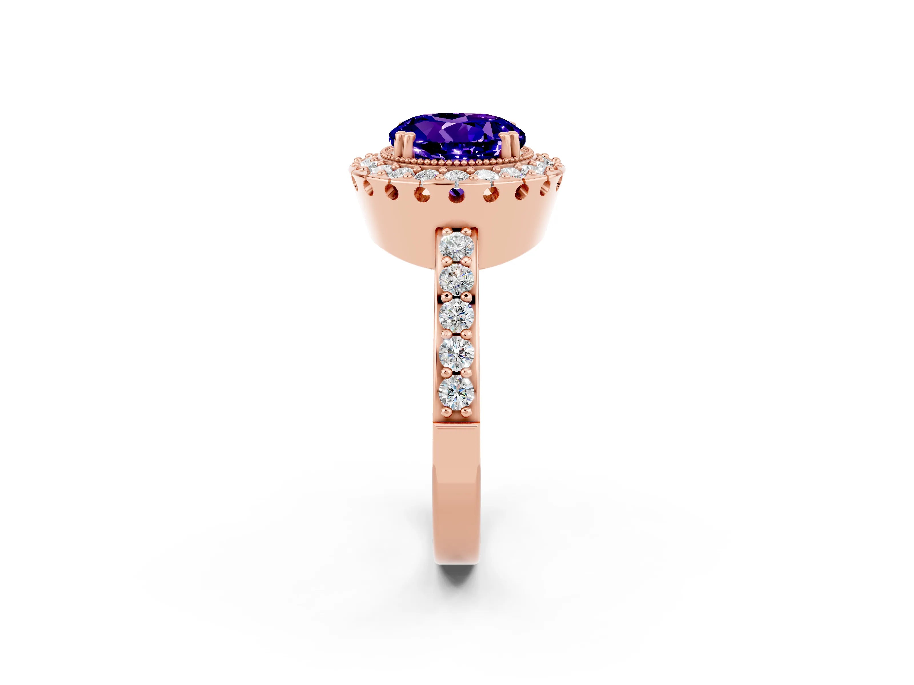Rose gold Round Cut Diamond Halo Ring with Pavé Band and Prong Setting_2