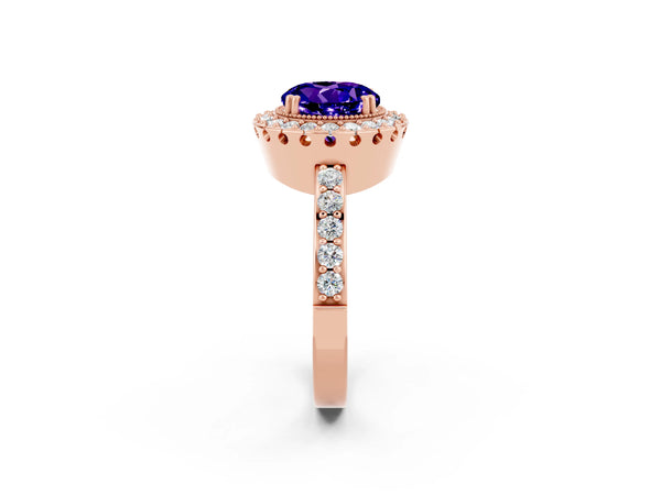 Rose gold Round Cut Tanzanite Halo Ring with Pavé Band and Prong Setting